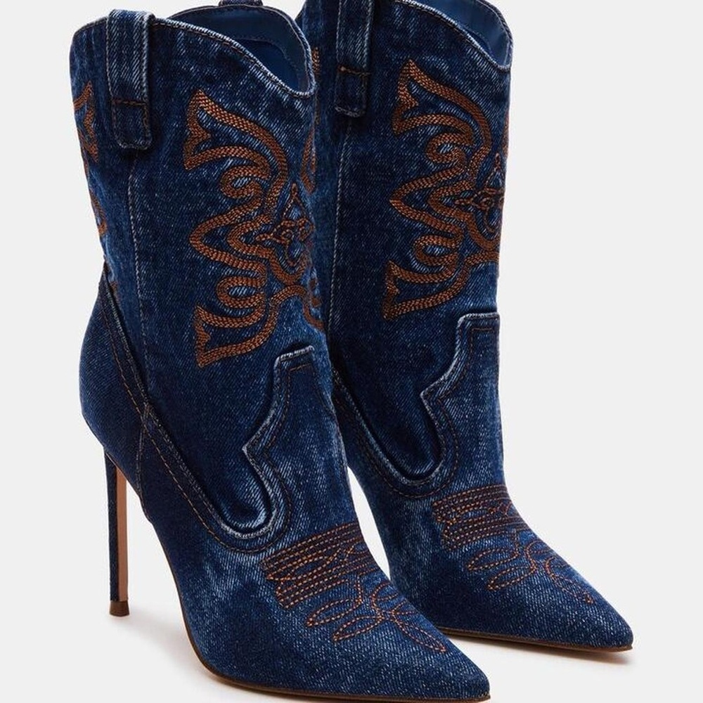 Steve Madden Denim Embroidered Cowboy Style Boots
